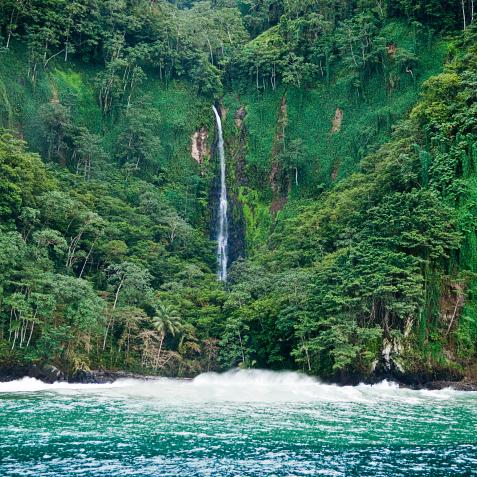 Waterfall nestled in the beautiful scenery of Cocos Island National Park.