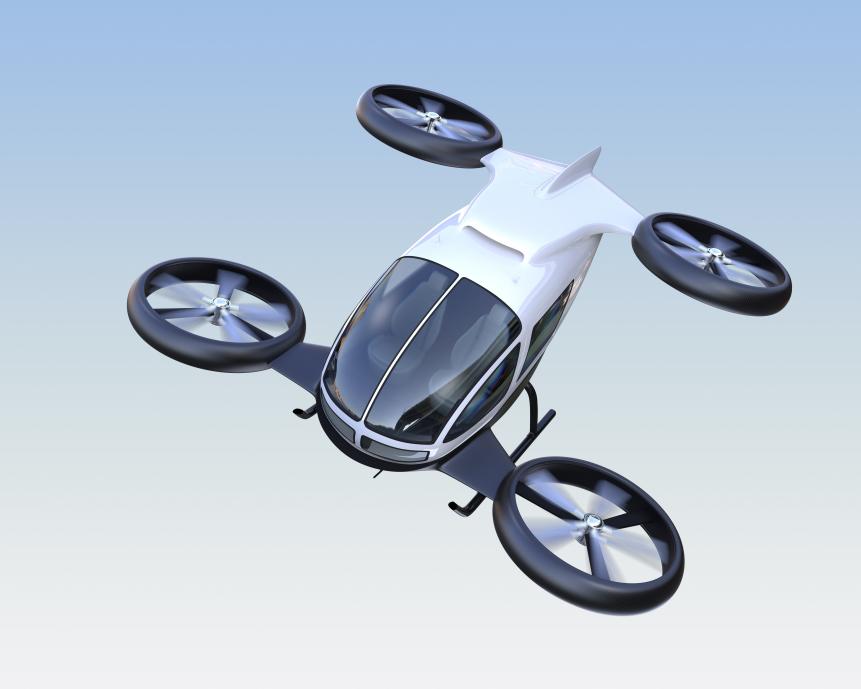 Front view of self-driving passenger drone flying in the sky. 3D rendering image. Original design.