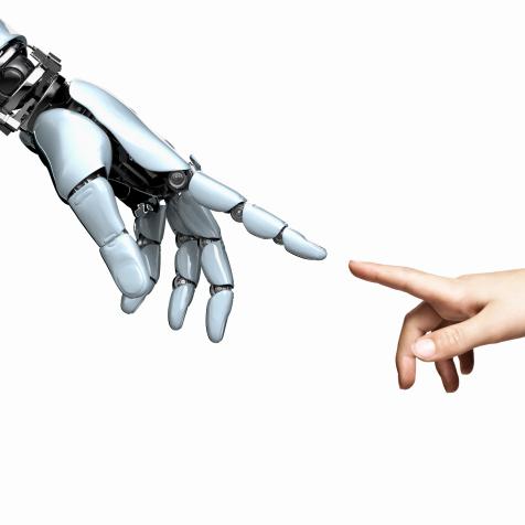 robot and child's hand fingers pointing  touching