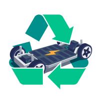 Modern electric car chassis design battery modular platform skateboard module pack board with green recycling symbol sign.  Recycle vehicle components battery cell pack, motor powertrain, controller.